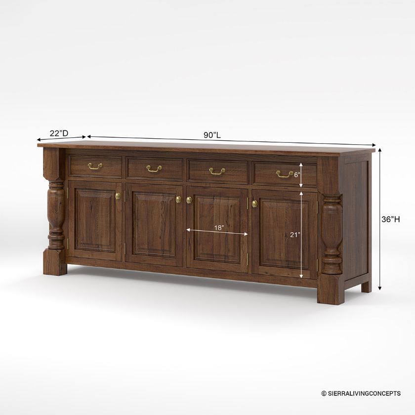 Adelanto Rustic Dark Teak Wood Sideboard Buffet Cabinet with Drawers Dimension Image