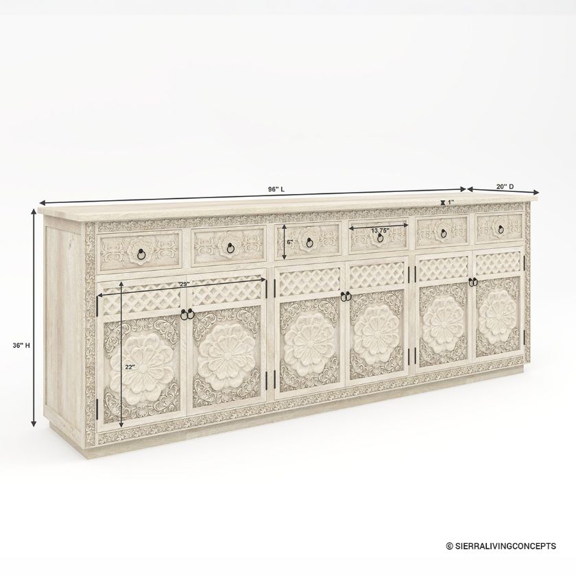 Nuala Hand Carved Solid Wood White Sideboard Cabinet with Drawers Dimension Image