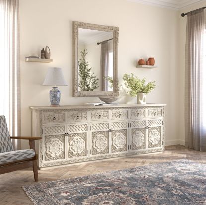 Nuala Hand Carved Solid Wood White Sideboard Cabinet with Drawers