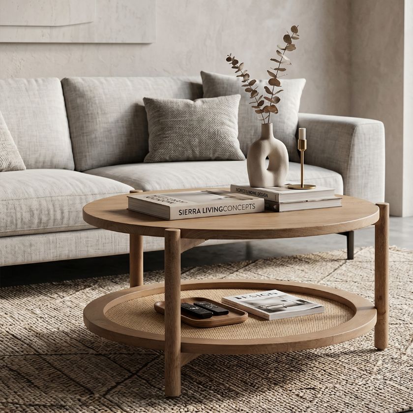 Picture of Canton Solid Wood & Cane Two Tier Round Coffee Table