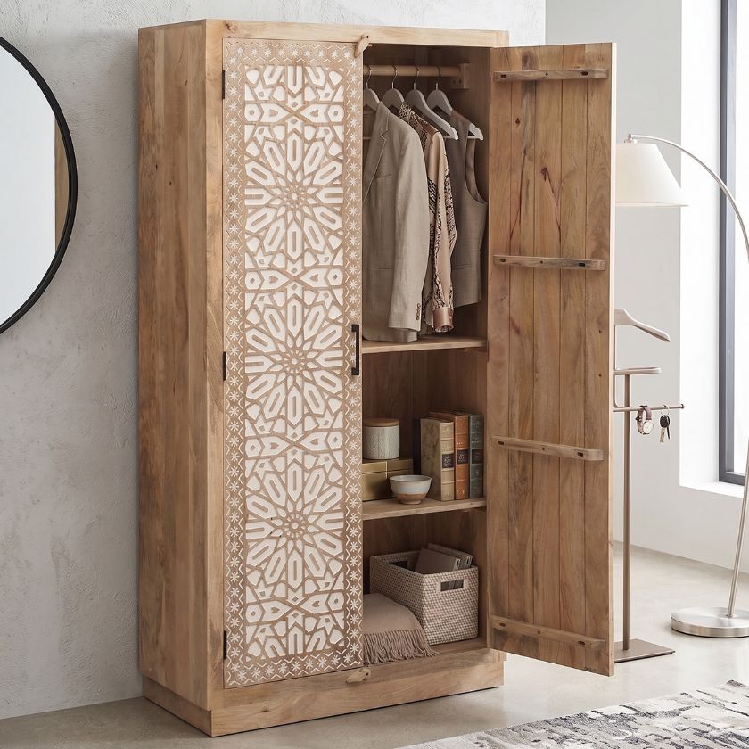 Picture of Greeley Boho Style Solid Wood Armoire with Hanging Rod