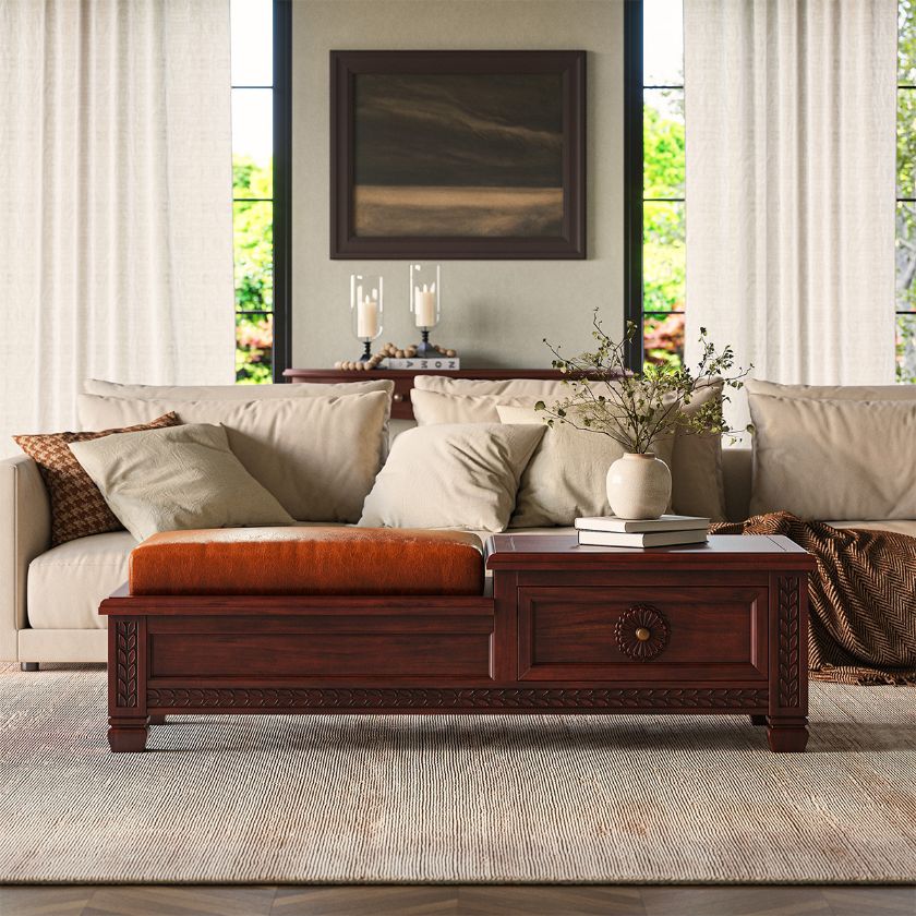Picture of Omaha Classic Vegan Leather Dark Wood Coffee Table with Drawer