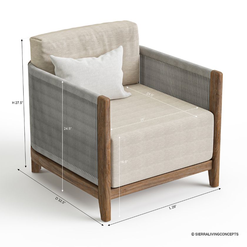 Pilsen Teak & Rope Scandinavian Single Seat Outdoor Sofa Dimension Image