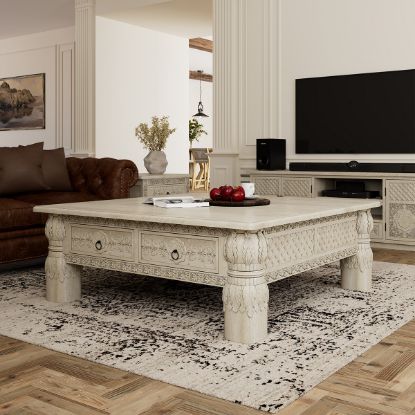 Picture of Nuala Hand Carved Ivory White Coffee Table End Table Set