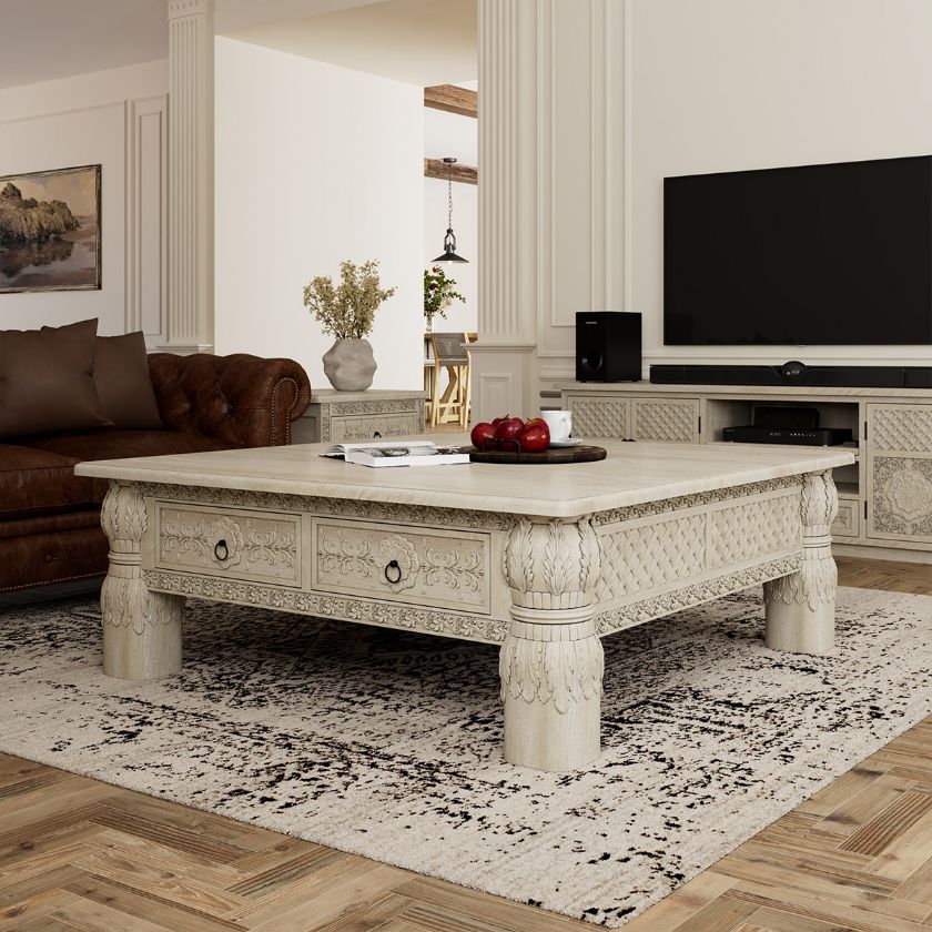 Picture of Nuala Hand Carved Ivory White Coffee Table End Table Set