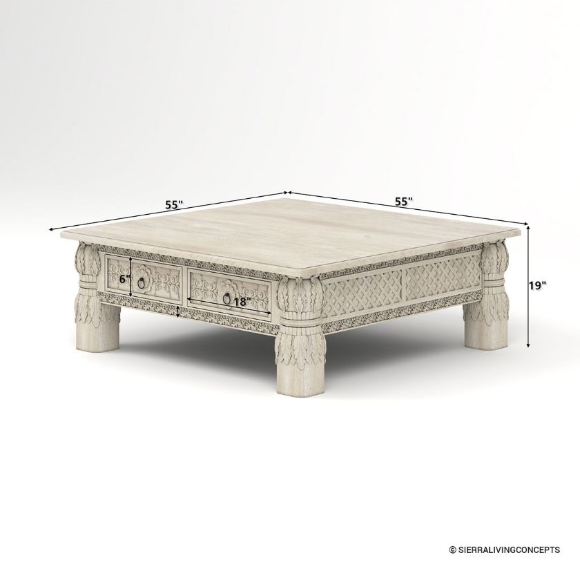Nuala Hand Carved Ivory White Coffee Table End Table Set Size Image