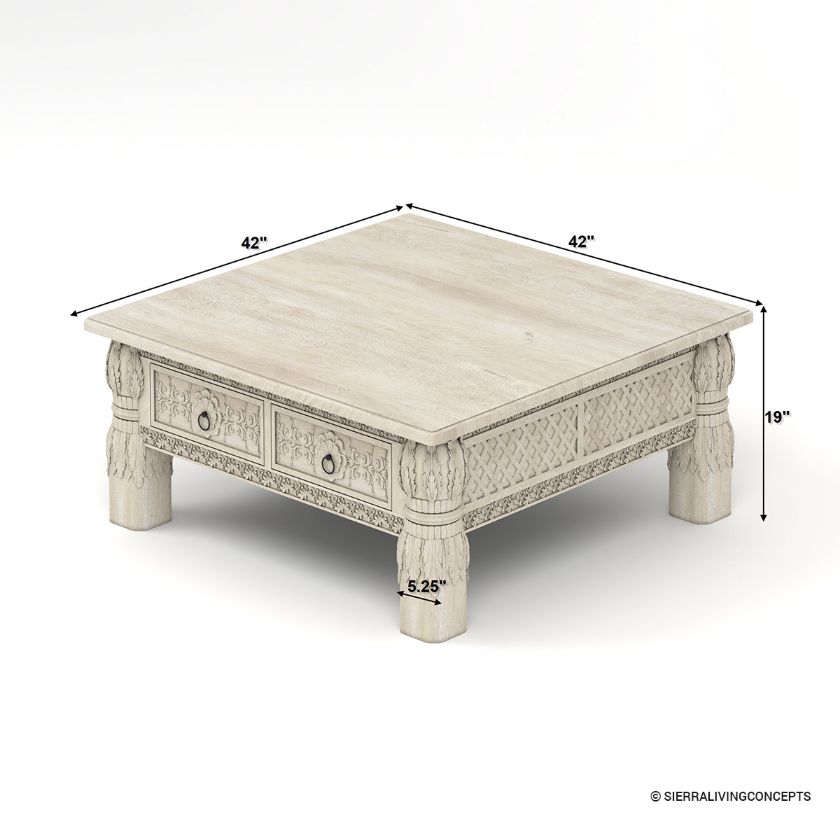 Nuala Hand Carved Ivory White Coffee Table End Table Set Size Image