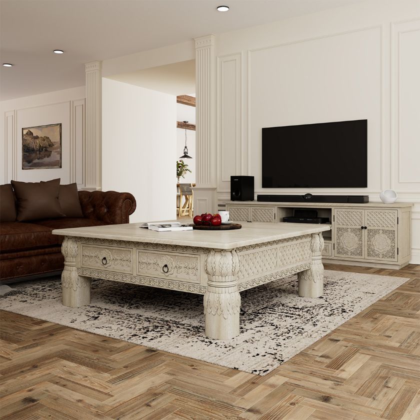 Picture of Nuala Ivory White Traditional Hand Carved Coffee Table with Drawers