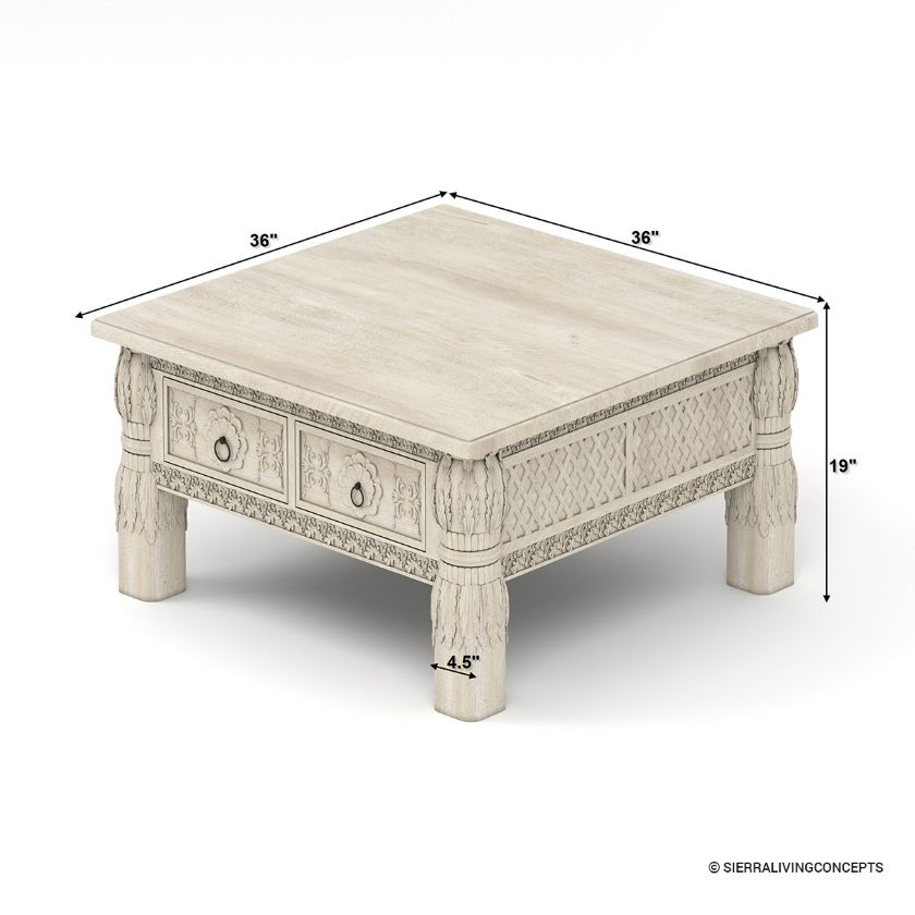 Nuala Ivory White Traditional Hand Carved Coffee Table with Drawers Size Image