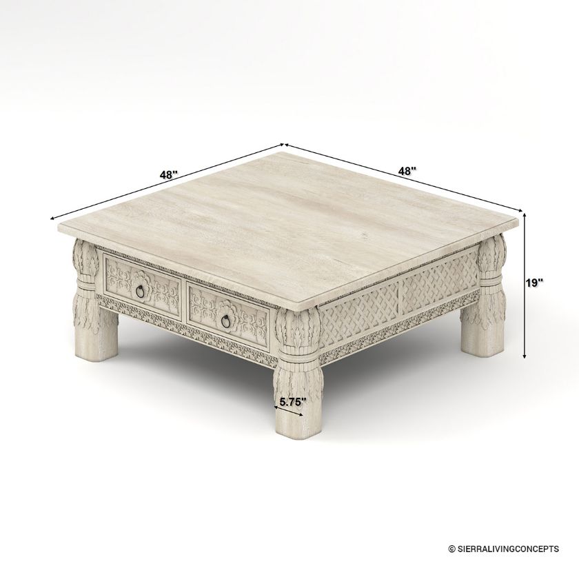 Nuala Ivory White Traditional Hand Carved Coffee Table with Drawers Size Image