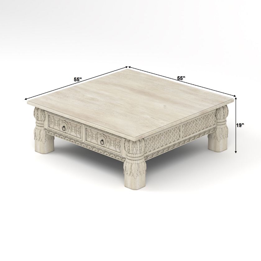 Nuala Ivory White Traditional Hand Carved Coffee Table with Drawers Size Image