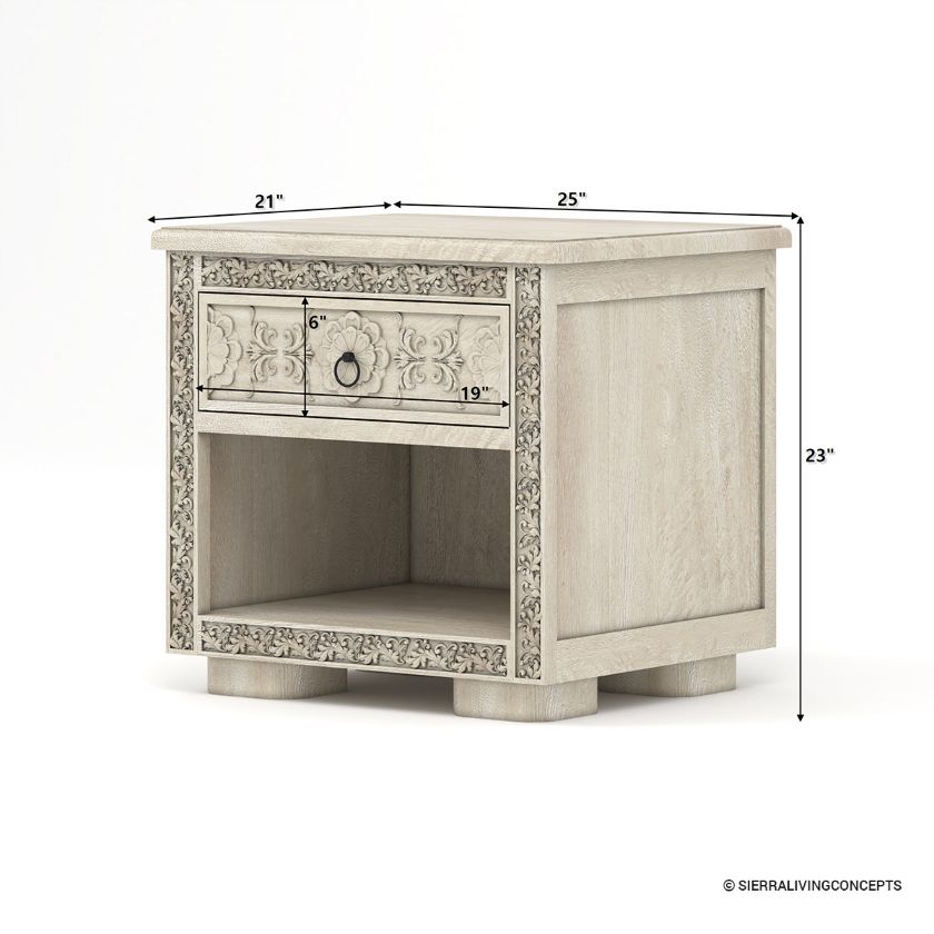 Nuala Hand Carved Ivory White End Table for Living Room Dimension Image