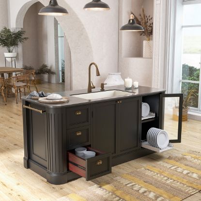 Picture of Deltona Farmhouse Black Kitchen Island with Sink and Dish Rack Cabinet