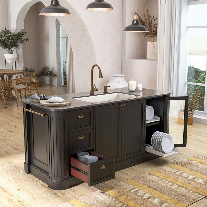 Picture of Deltona Farmhouse Black Kitchen Island with Sink and Dish Rack Cabinet