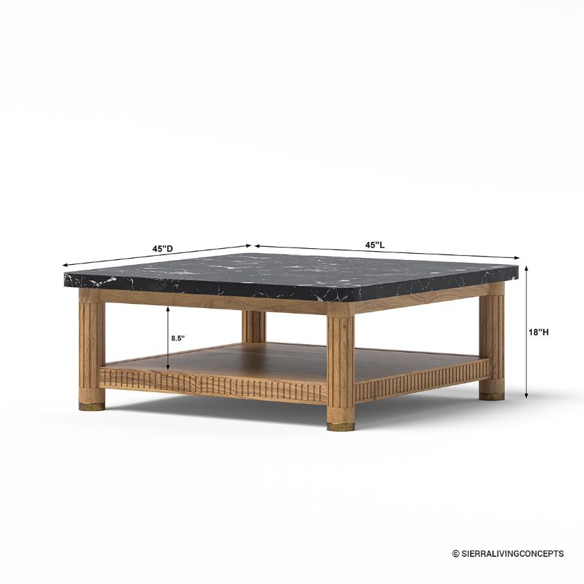 Treme Black Marble Top Large 2 Tier Square Coffee Table Dimension Image