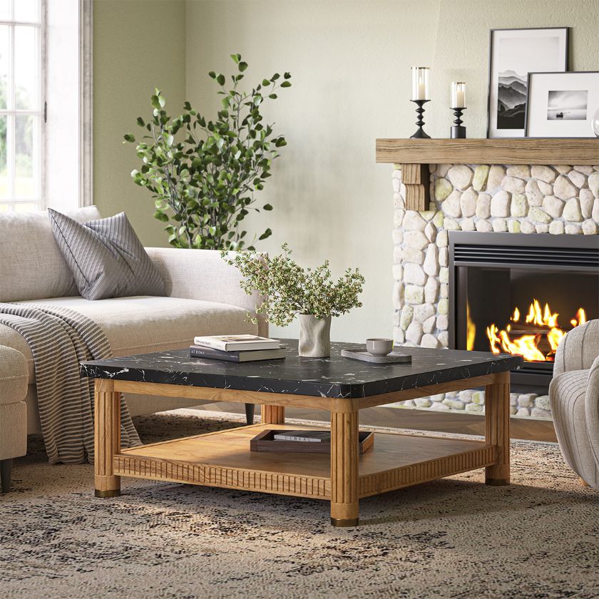 Picture of Treme Black Marble Top Large 2 Tier Square Coffee Table
