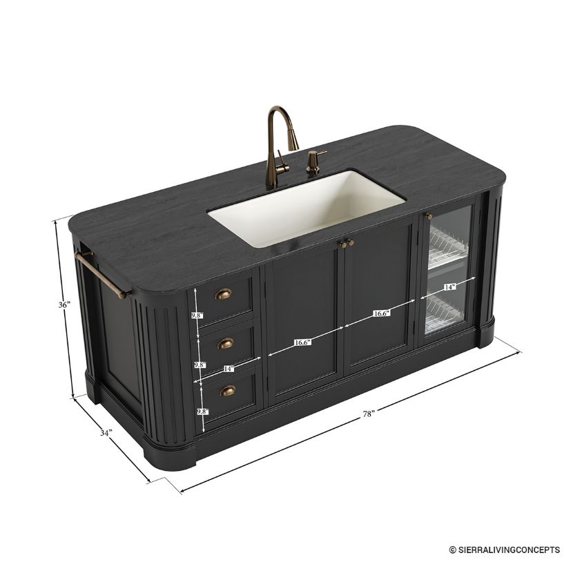 Deltona Farmhouse Black Kitchen Island with Sink and Dish Rack Cabinet Dimension Image