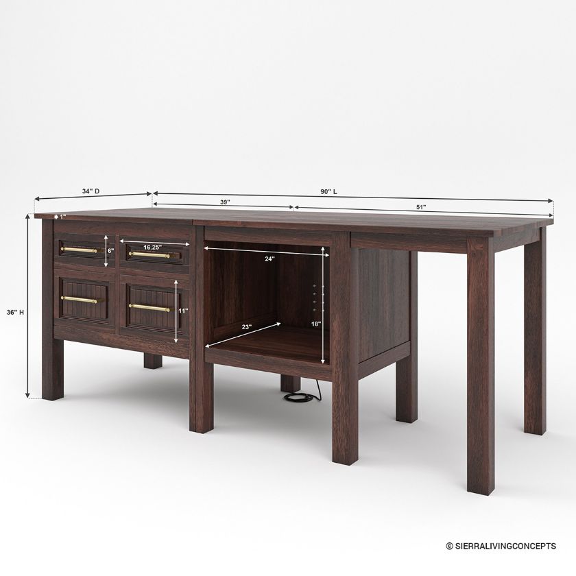 Waco Dark Wood Marble Top Kitchen Island with Drawers & Oven Space Size Image