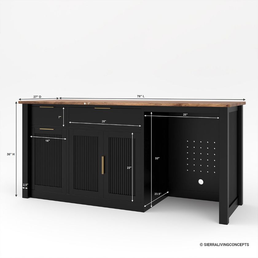 Abilene Fluted Black Buffet Sideboard with Pull Out Trash Bin Space Dimension Image