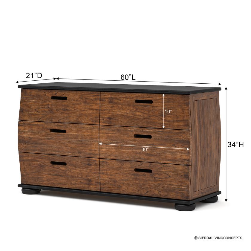 Amos Curved Front 6 Drawer Black Dresser for Bedroom Dimension Image