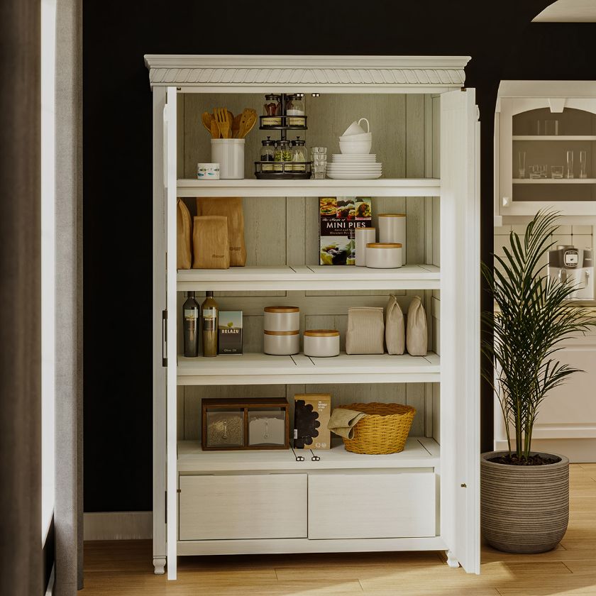 Picture of Rochester Hand Carved Arched Door White Pantry Cabinet