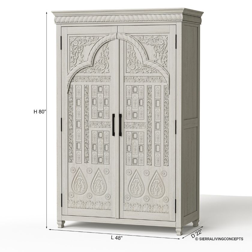 Rochester Hand Carved Arched Door White Pantry Cabinet Dimension Image