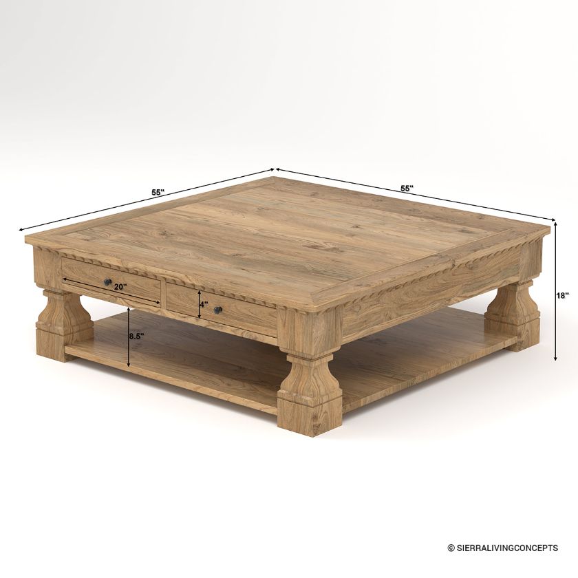 Largo Rustic Farmhouse Square Coffee Table with Storage Dimension Image