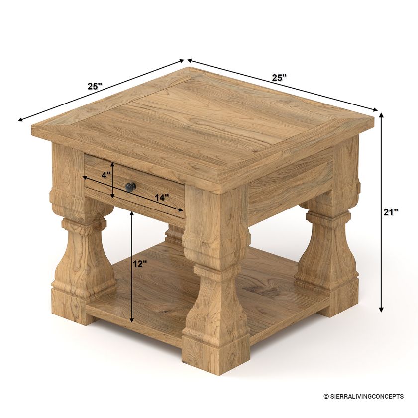 Largo Rustic Farmhouse Square End Table with Drawer Dimension Image