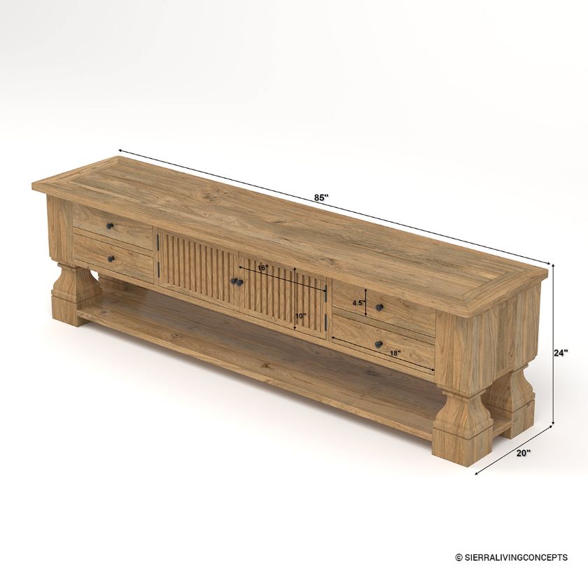 Largo Rustic Farmhouse TV Media Console Cabinet Dimension Image