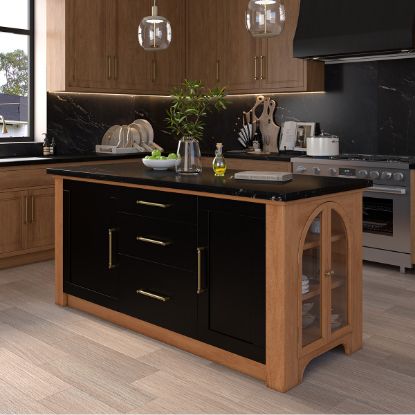 Picture of Benbow Two Tone Marble Top Kitchen Island with Arched Glass Cabinet