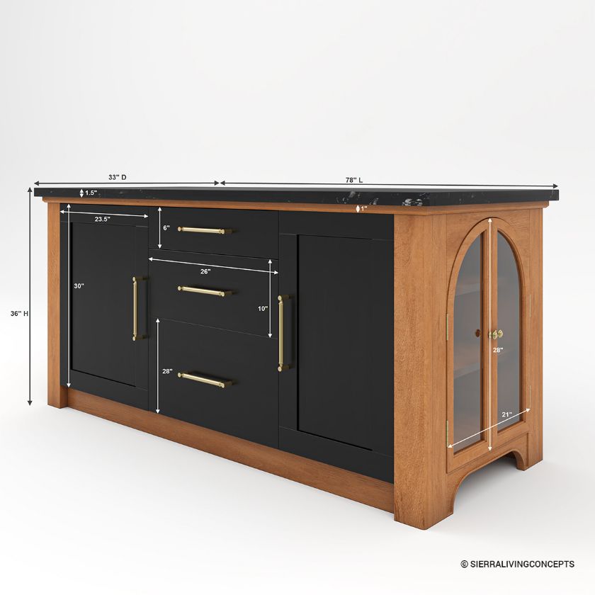 Benbow Two Tone Marble Top Kitchen Island with Arched Glass Cabinet Dimension Image