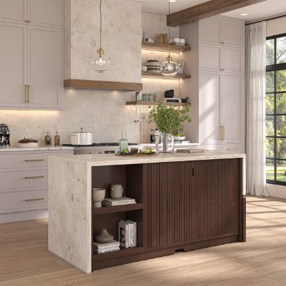 Picture of Brawley Wood & Marble Waterfall Kitchen Island with Oven Space