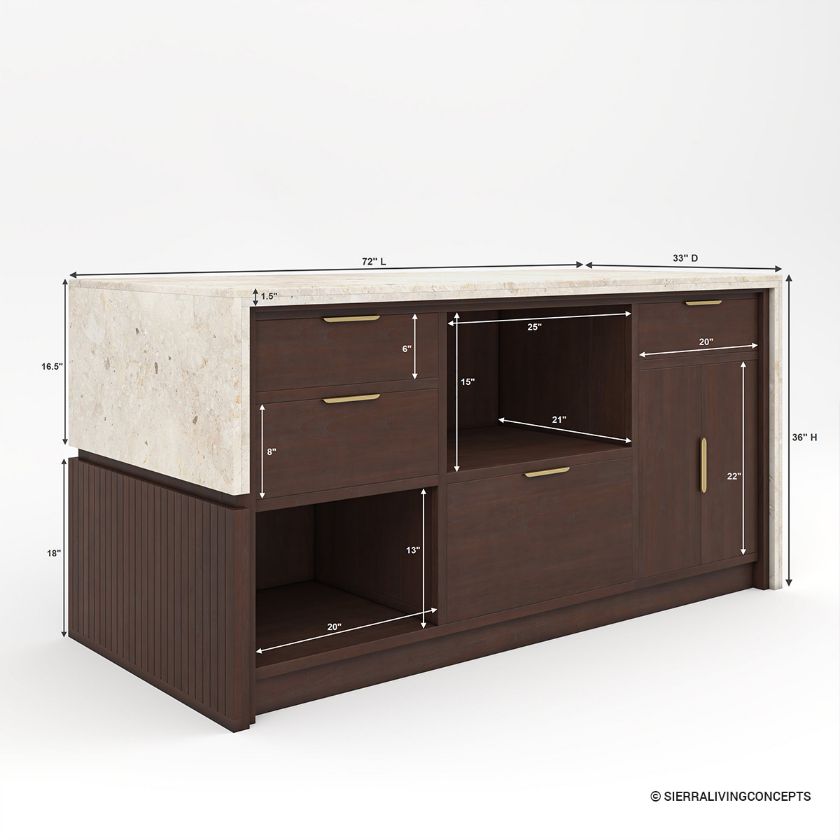 Brawley Wood & Marble Waterfall Kitchen Island with Oven Space Dimension Image