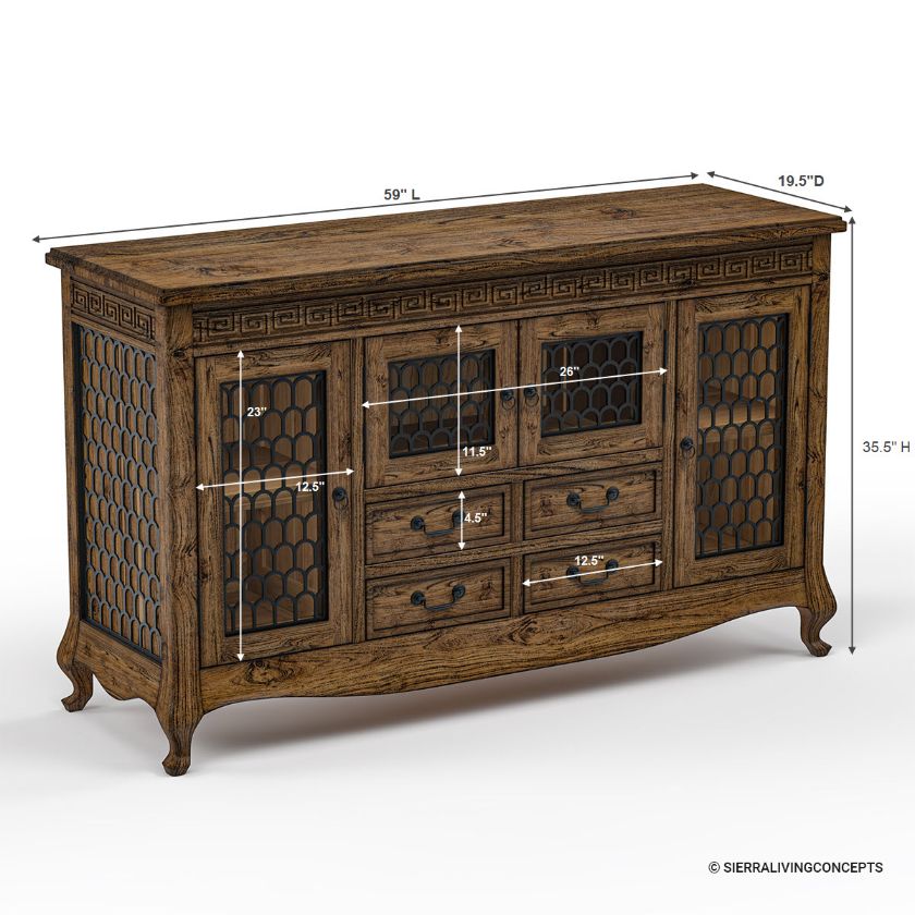 Casablanca Solid Wood & Iron Fretwork Buffet Sideboard with Drawers Dimension Image